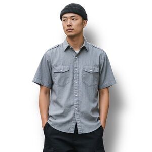 Helix Mens Short Sleeve Athletic Fit Button Down Shirt Utility Epaulettes Grey M